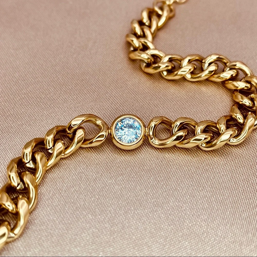 14K Gold Round Diamond CZ Cuban Link Chain Chunky Bracelet - Picture 2 of 4